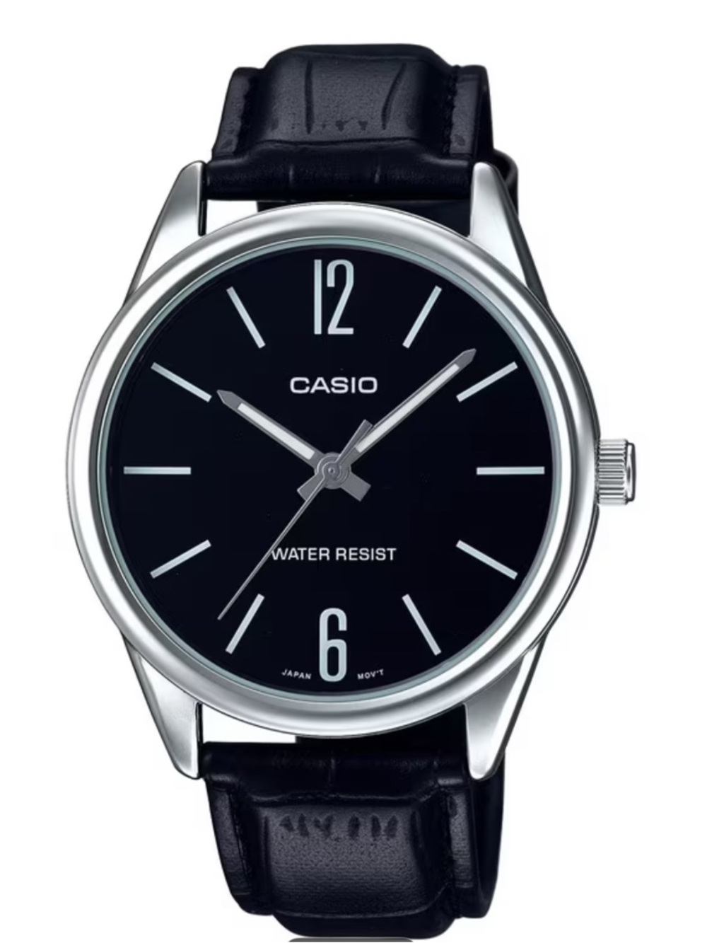 Casio Black Dial Silver Case Leather Strap Watch